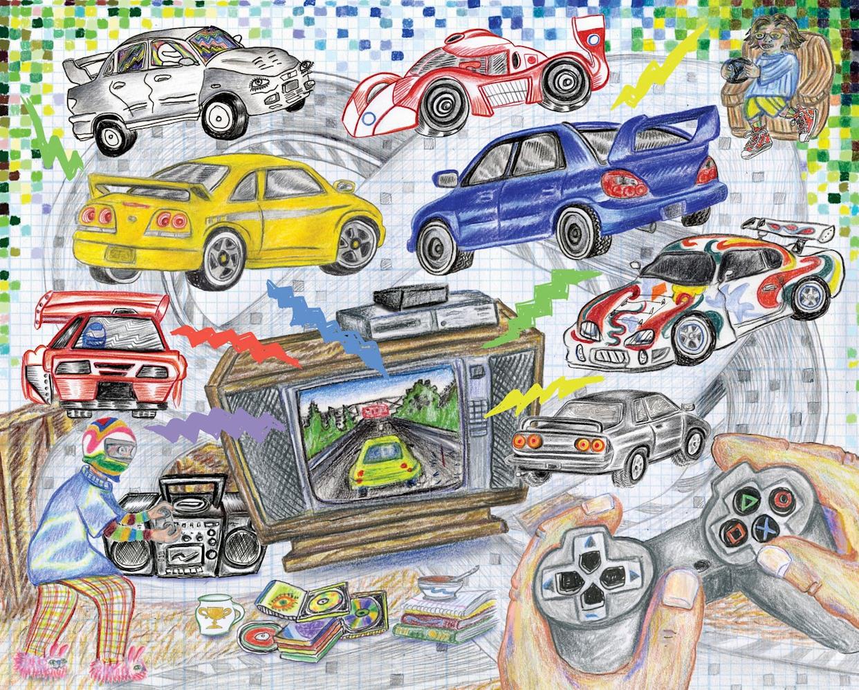 a vibrant illustration of various cars and a gaming scene