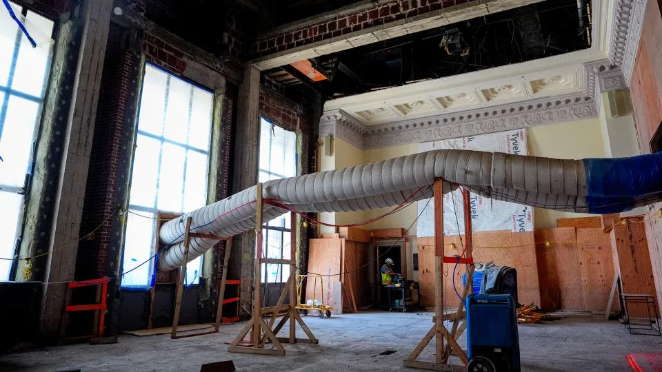 Original detail work along the ceiling is visible in the main two story board room as a massive renovation continues of the Marriner S. Eccles Federal Reserve Board Building and the 1951 Constitution Avenue Building. - Andrew Harnik/Getty Images