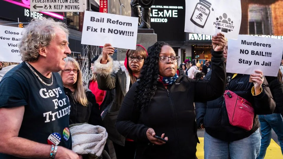 Trump supporters protest New York state's bail reform laws in Times Square in New York City on February 23, 2020. - Gabriele Holtermann-Gorden/Sipa