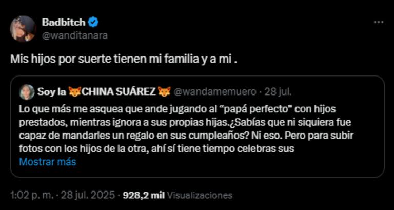 El comentario de Wanda Nara luego que de Mauro Icardi celebrara el cumpleaños del hijo de la China Suárez (Foto: X @wanditanara / @wandamemuero)