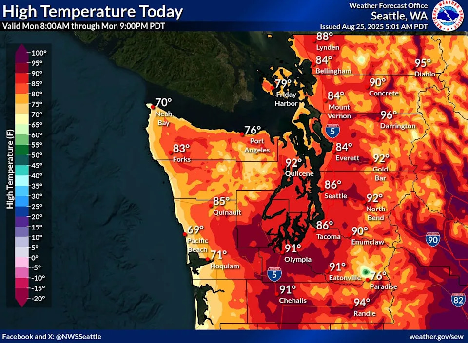 The National Weather Service shows temperature highs for Monday, Aug. 25, 2025.