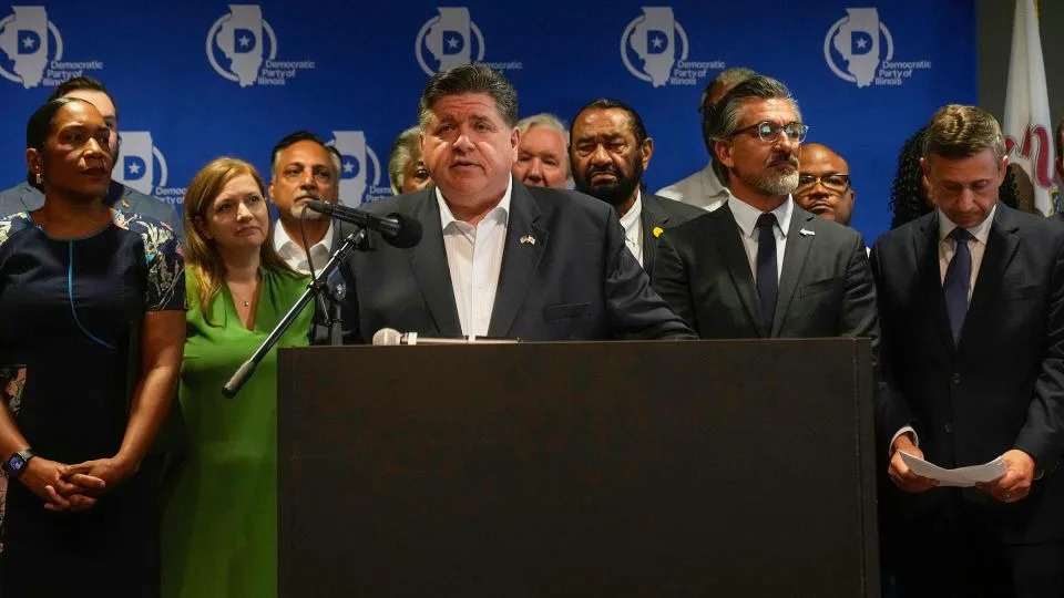 Illinois Gov. JB Pritzker speaks during a news conference in Chicago with Texas Democrats on August 5, 2025. - Erin Hooley/AP