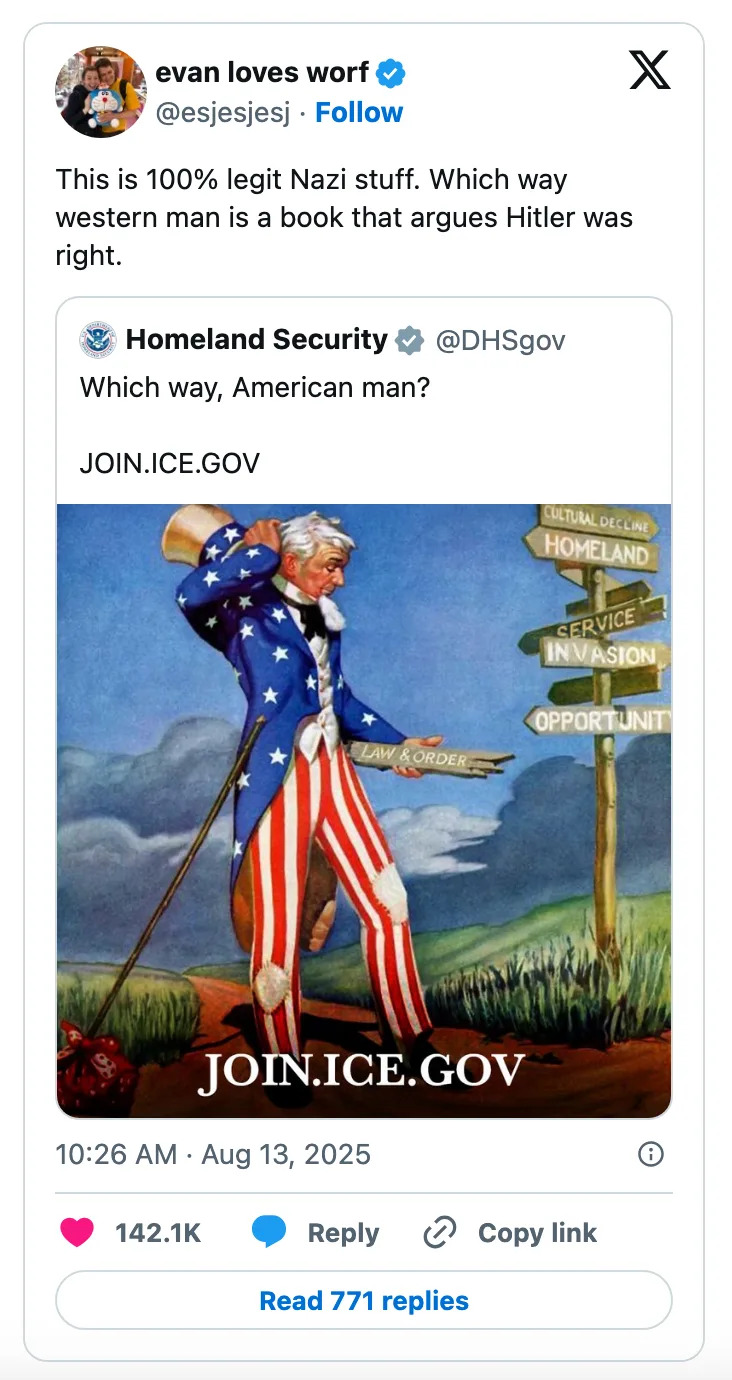 A satirical post showing Uncle Sam with a signpost indicating paths like "Compliance" and "Liberty," with satirical commentary about societal directions