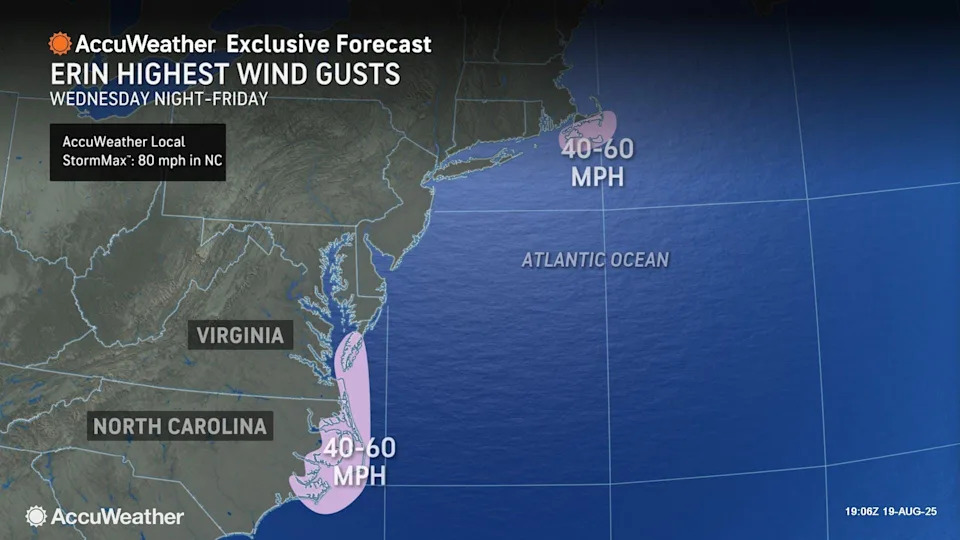 This AccuWeather graphic shows the estimated maximum winds that will pummel Tidewater Virginia beginning late in the evening of Aug. 20, 2025, and last the entire next day.