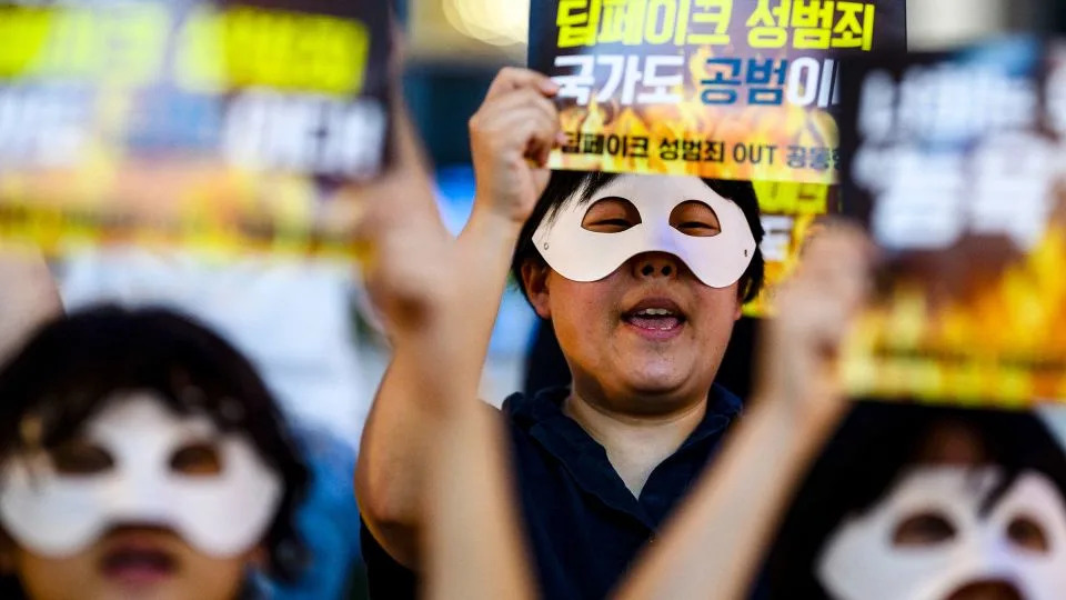 South Korean activists wearing eye masks hold posters reading 'Repeated deepfake sex crimes, the state is an accomplice too' during a protest against deepfake porn in Seoul on August 30, 2024. - Anthony Wallace/AFP/Getty Images/File