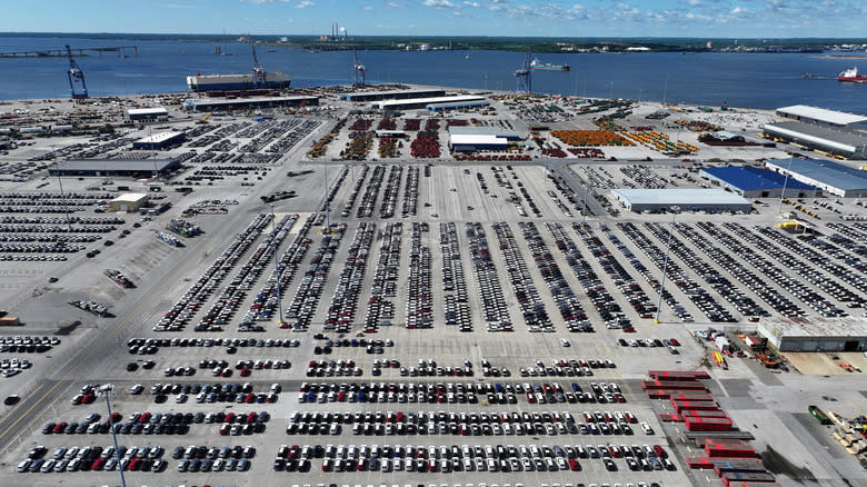 Imported cars at a port in Baltimore