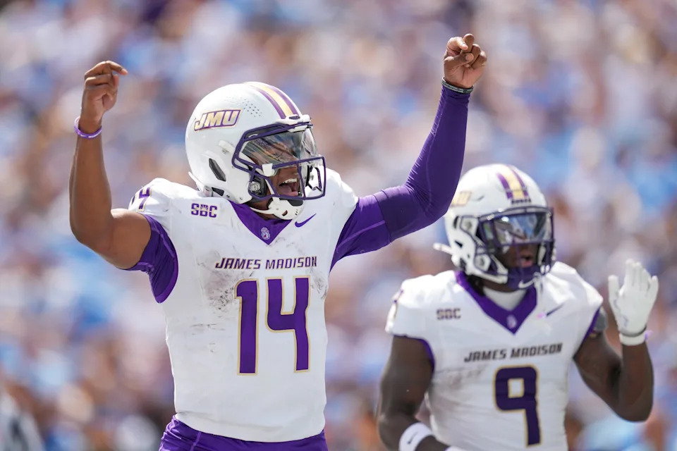 CHAPEL HILL, NORTH CAROLINA - SEPTEMBER 21: Alonza Barnett III #14 of the James Madison Dukes celebrates after running for a touchdown against the North Carolina Tar Heels during the first half of the game at Kenan Memorial Stadium on September 21, 2024 in Chapel Hill, North Carolina.  (Photo by Grant Halverson/Getty Images)