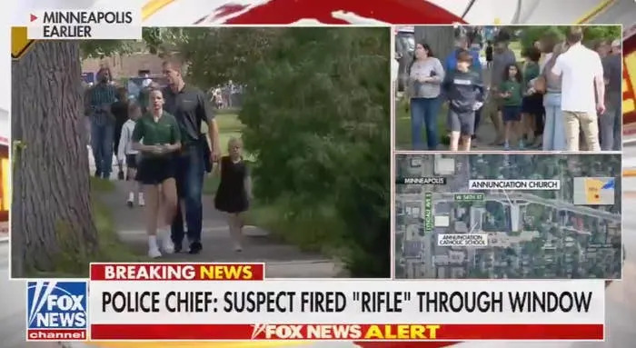 News broadcast about a shooting investigation in Minneapolis with live footage and a map showing Annunciation School