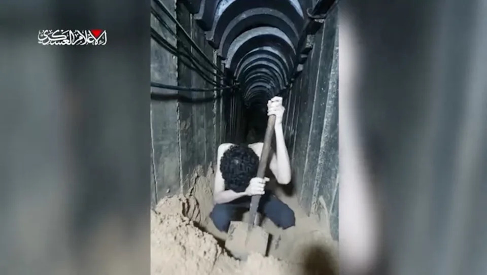 This screengrab from a video released on August 1, 2025 by the armed wing of Palestinian militant group Hamas, shows Israeli hostage Evyatar David in a tunnel. David, who turned 24 in captivity, was abducted during the Hamas attack on October 7, 2023. (Photo by Ezzedine al-Qassam Brigades / AFP)