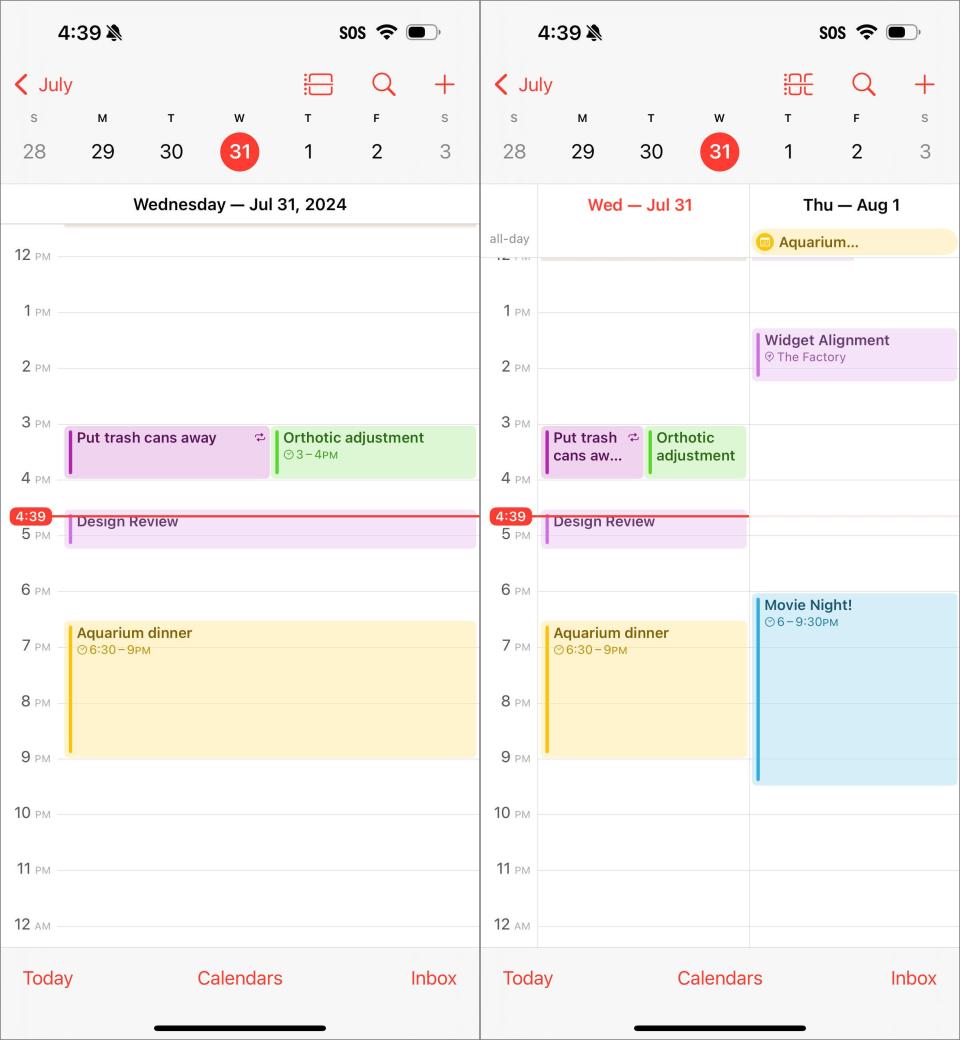 Two iOS 18 Calendar screenshots of the Day view. At left is the Single Day view showing events on one day. At right is the Multi Day view showing two days' worth of events.