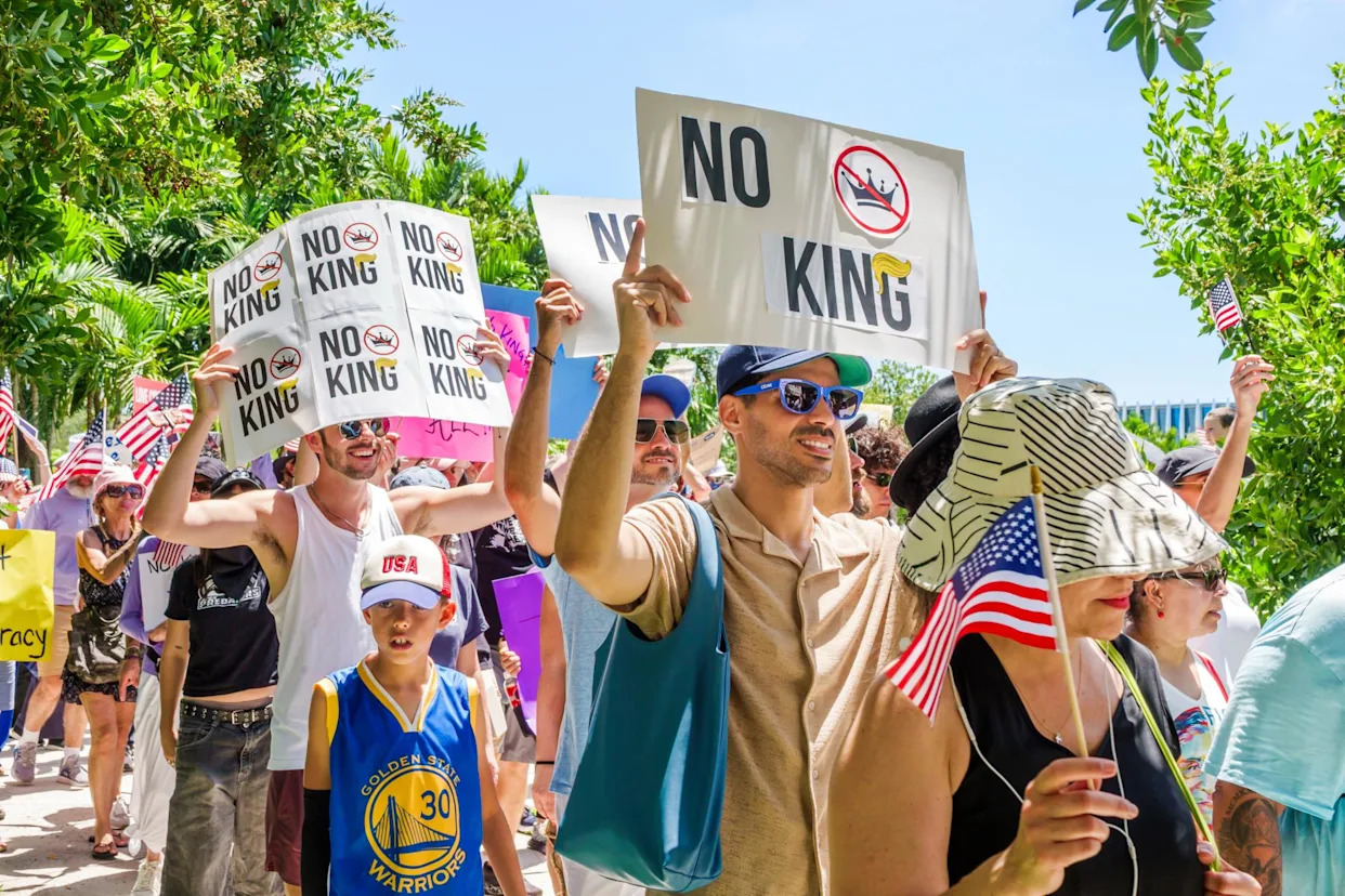 <span>People protest against the Trump administration in Miami Beach, Florida, on 14 June 2025.</span><span>Photograph: Jeff Greenberg/Universal Images Group via Getty Images</span>