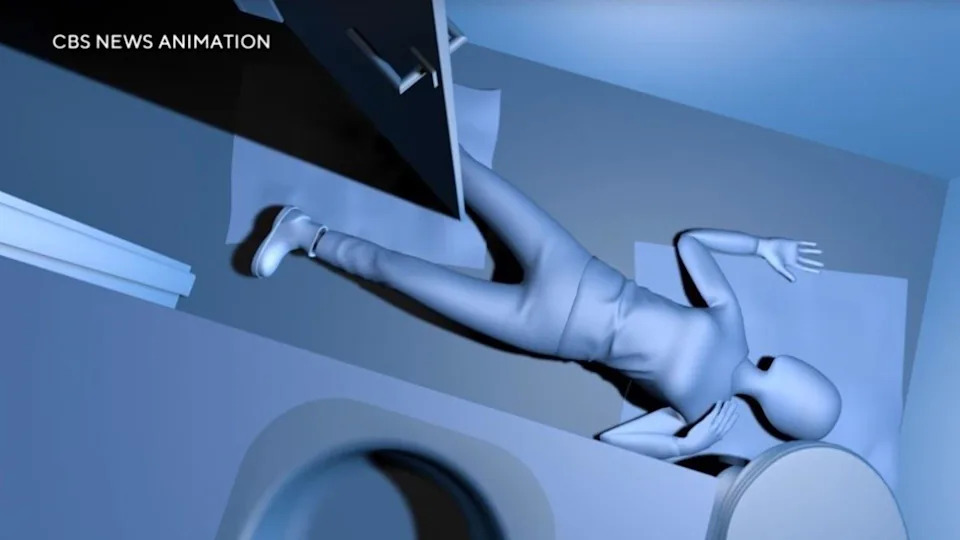 A CBS News animation still based on crime scene evidence shows the position Alex Pennig's body was found in her bathroom when investigators arrived. / Credit: CBS News