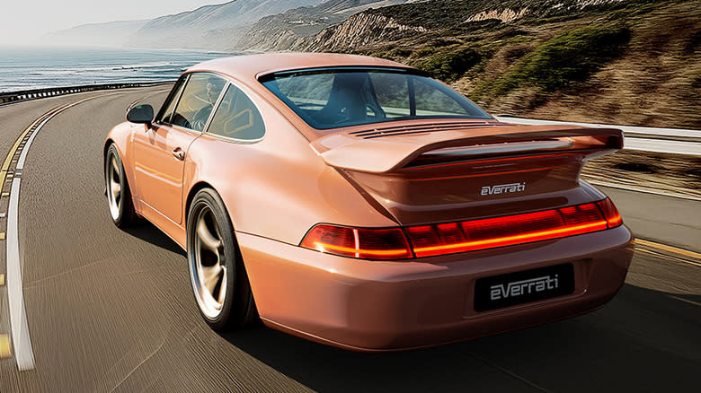 Rear 3/4 view of a peach-colored Everrati 993 Founders Edition