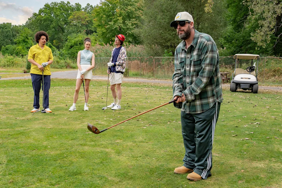 From left, Eric André, Margaret Qualley, Martin Herlihy and Adam Sandler in "Happy Gilmore 2."