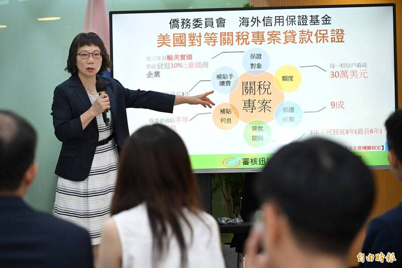 針對海外信用保證基金紓困保證專案，海外信保基金董事長林寶惜今說明相關申請資格及條件。(記者陳逸寬攝)