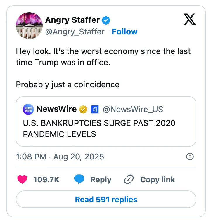 A satirical social media post suggests the current economy is the worst since Trump was in office, referencing a news article about U.S. bankruptcies