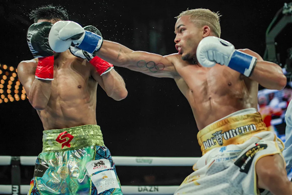 NEW YORK, NY- JUNE 24: (R-L) Yankiel Rivera punches Christian Robles in their fight on June 24, 2023, in the Hulu Theatre at Madison Square Garden, New York City, New York. (Photo by Matt Davies/PxImages/Icon Sportswire via Getty Images)