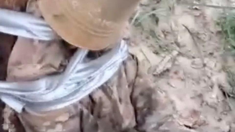 En otro video, un hombre está atado a un árbol con un balde oxidado sobre la cabeza. Después de quitarle el balde, lo patean repetidamente en la cara. - Telegram