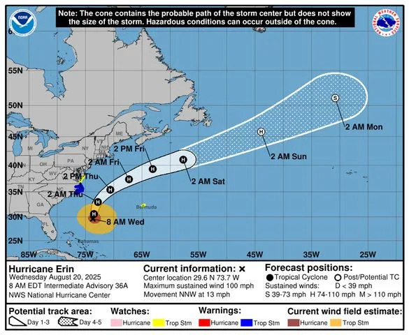 National Hurricane Center Hurricane Erin's probable storm path as of Aug. 20, 2025