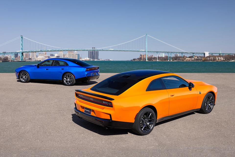 SIXPACK-powered 2026 Dodge Charger Scat Pack Plus in Peel Out (front) and 2026 Dodge Charger R/T Plus in Bludicrous (rear).