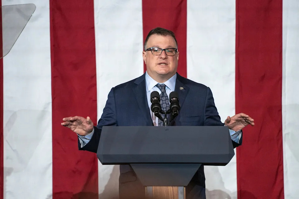 Michigan Speaker Matt Hall speaks before Vice President JD Vance addresses a crowd at Vantage Plastics in Bangor Township on Friday, March 14, 2025.