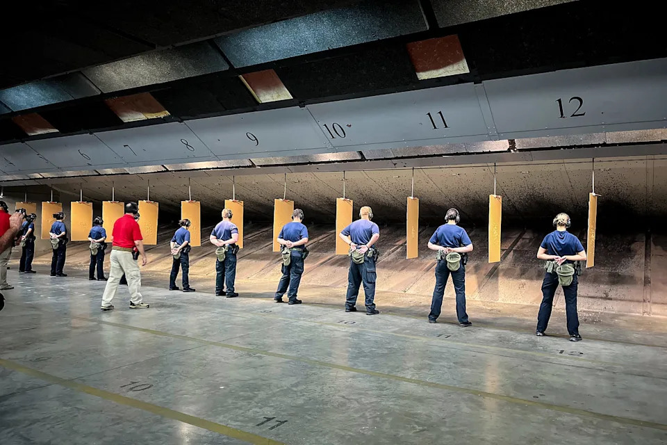 New ICE recruits at the firing range at the Federal Law Enforcement Training Center in Brunswick, Ga. (Laura Strickler / NBC News)