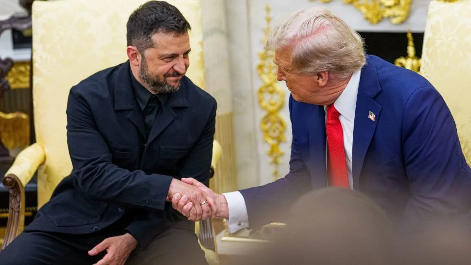 President Zelensky shakes hands with President Trump during their meeting in the Oval Office on Monday. - Aaron Schwartz/CNP/Bloomberg via Getty Images