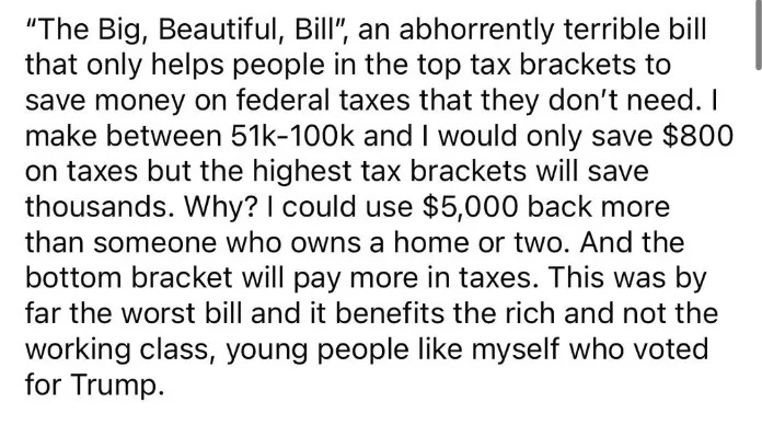 Summary of the text: Criticism of a tax bill favoring the wealthy, with a personal account of limited savings for middle-income earners compared to higher brackets