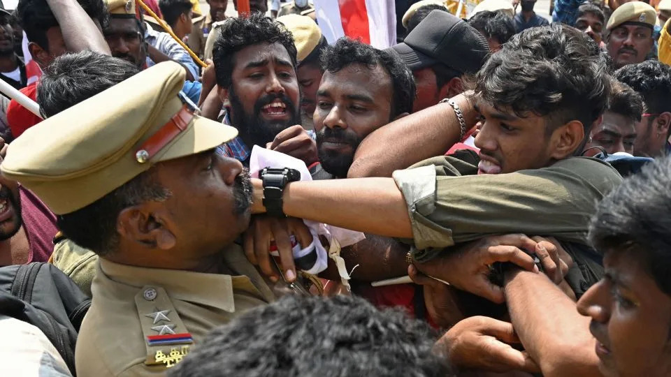 Students of Democratic Youth Federation of India scuffle with police during a protest against the imposition of Hindi in non-Hindi speaking states, in Chennai, Tamil Nadu, in October 2022. - Arun Sankar/AFP/Getty Images