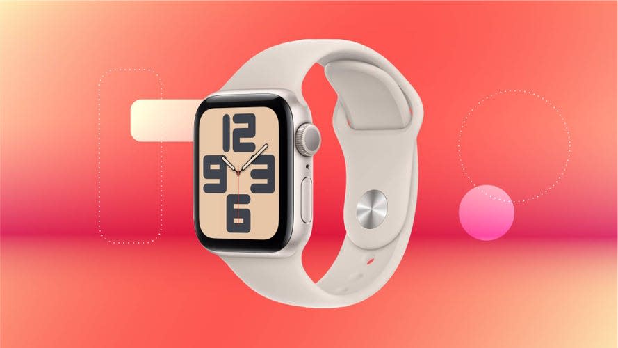 A white Apple smartwatch against a red gradient CNET background.