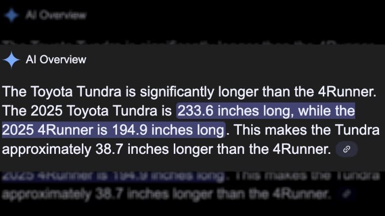 Google AI Overview comparing the Toyota Tundra and 4Runner lengths