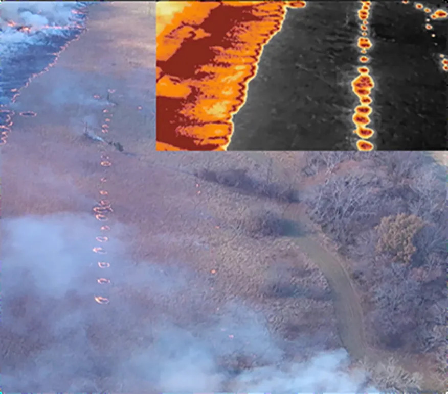 An infrared photo taken by a drone over a forest fire (embedded in a regular photo of the same area) shows a line of small backfires on the right reducing fuel for an oncoming wildfire on the left. U.S. Forest Service firefighters light the backfires by flying drones over the area and having them drop a line of ping pong balls filled with chemicals that ignite when they hit the ground.