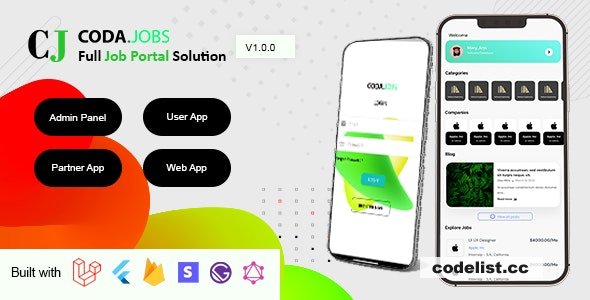 CodaJobs v1.0.5 - Job Portal Full Solution with User and Partner (Company) Flutter App, Web and Admin Panel