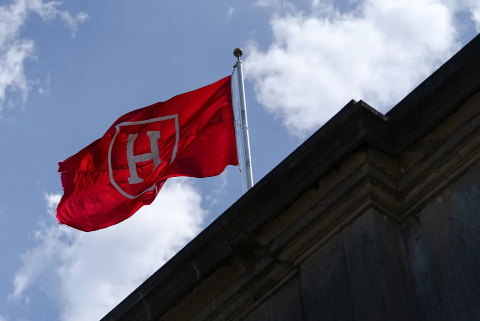 The Harvard Crimson sports crest on a flag above Harvard Stadium (Sophie Park / Bloomberg via Getty Images file)