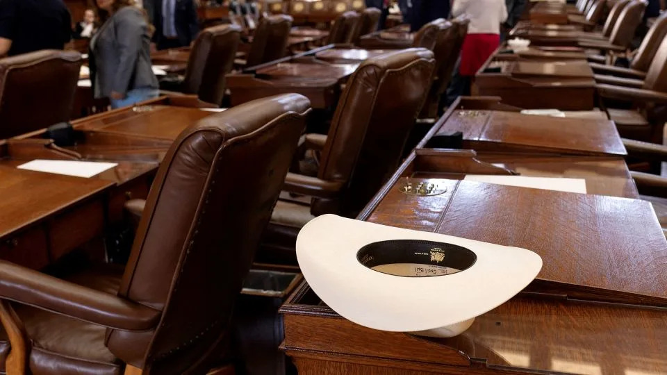 A cowboy hat belonging to Republican Rep. Cecil Bell of Magnolia, Texas, sits on his desk prior to the Texas State House coming to order on Tuesday. - Nuri Vallbona/Reuters