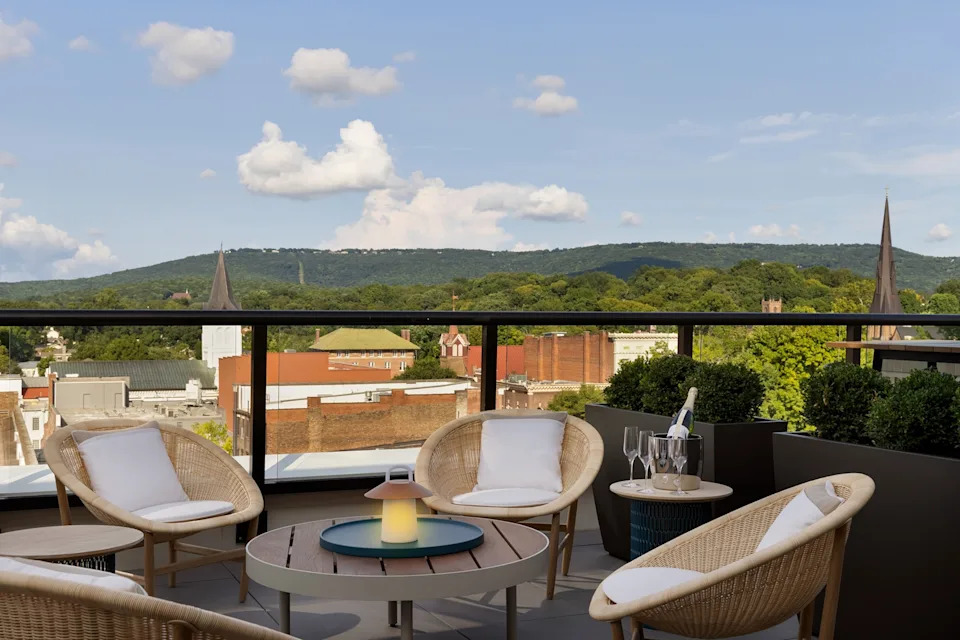 A balcony overlooking the Appalachian hills