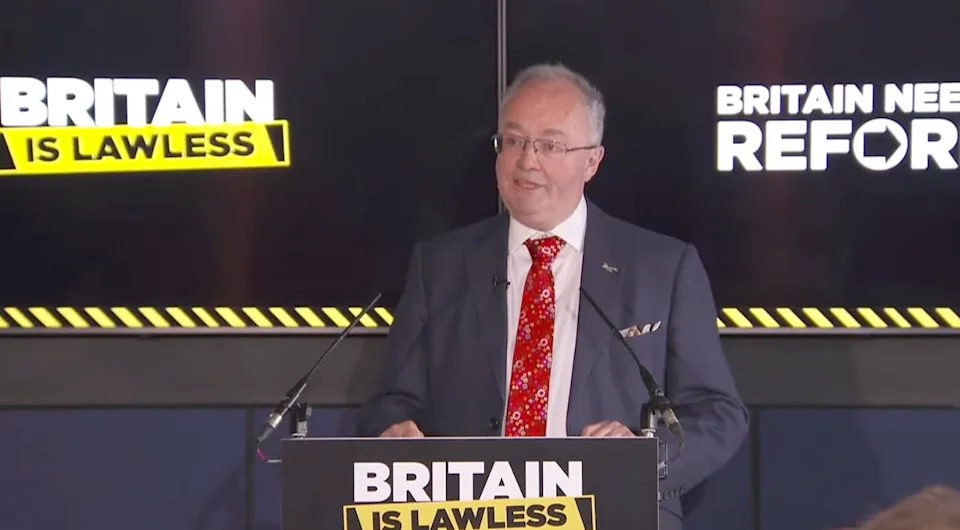 Rupert Matthews speaks at a Reform UK press conference in London (PA)