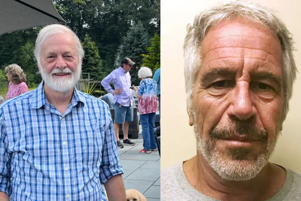 Geoffrey Epstein, left, is a mayoral candidate in Framingham, Massachusetts, who wants to increase school funding and the use of solar power by the city. Jeffrey Epstein, right, is a disgraced New York financier and child sex trafficker who died in prison by suicide in 2019. Some social media commenters have confused the two, but the mayoral candidate — who goes by Geoff — said no one locally is making that mistake. (Geoffrey Epstein for Mayor Facebook / New York State Department of Corrections)