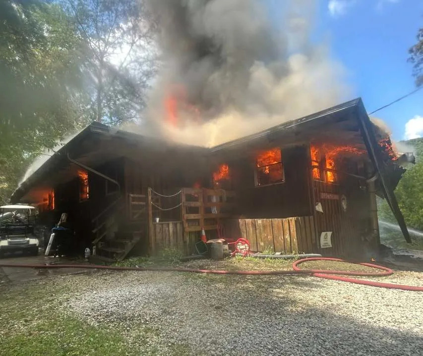 Heavy fire conditions spread through the lodge at Aldersgate Camp on Sunday.(Millers Creek Fire Department)