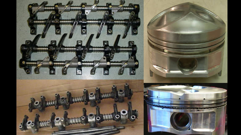 Four images show the valve train and pistons of a Hemi engine and a Wedge engine