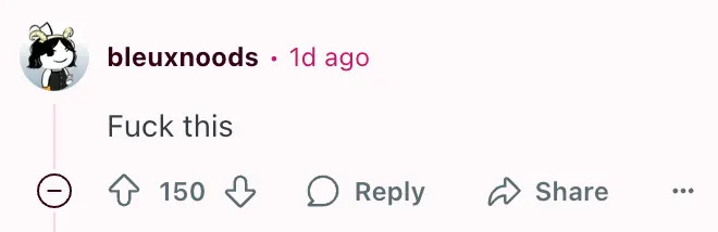 Social media comment by bleuxnoods from 1 day ago saying "Fuck this" with options to like, reply, and share