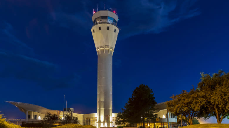 The air traffic control tower at Centennial Airport in Denver