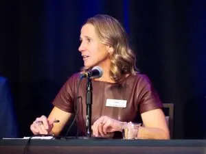  Christy Hovanetz, a senior policy fellow at ExcelinEd, speaks at a panel about school accountability during the foundation’s national summit at the Omni Hotel in Oklahoma City on Nov. 14. (Photo by Nuria Martinez-Keel/Oklahoma Voice)