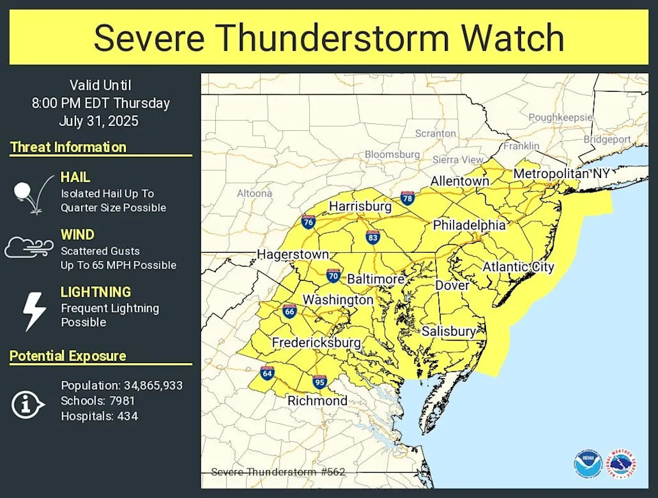 The National Weather Service has issued a severe thunderstorm watch for most of New Jersey until 8 p.m. on July 31, 2025.