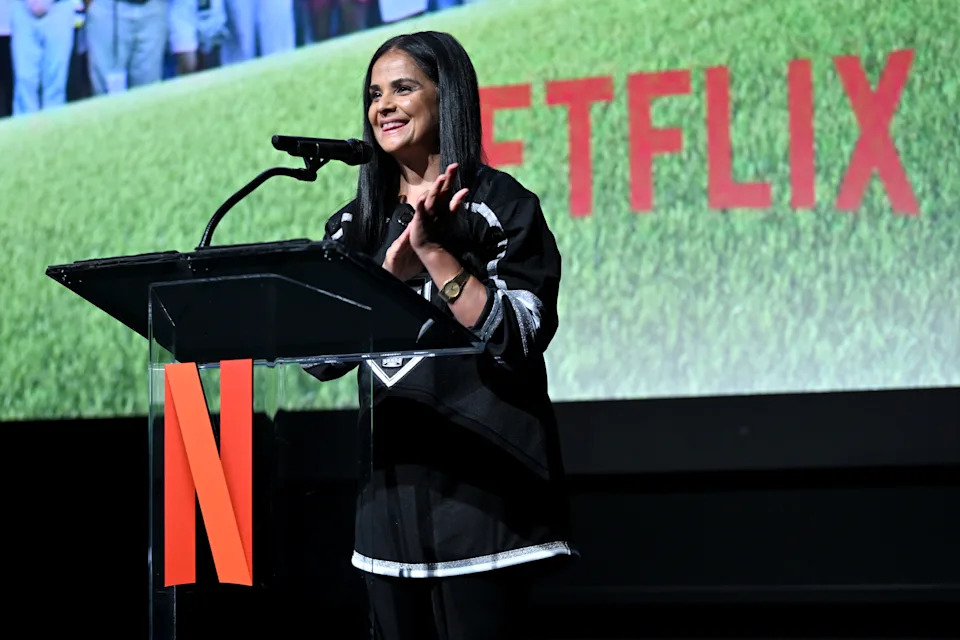 NEW YORK, NEW YORK - JULY 21: Bela Bajaria speaks onstage during the Happy Gilmore 2 World Premiere at Jazz at Lincoln Center on July 21, 2025 in New York City. (Photo by Roy Rochlin/Getty Images for Netflix)