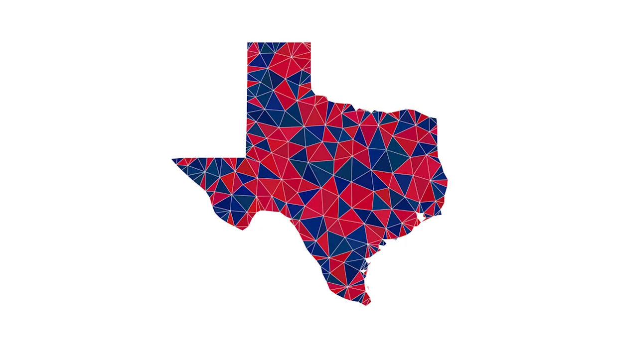Vector triangle mosaic map of Texas State in American flag colors, blue and red. Geographic collage in blue and red color shades. Abstract mosaic of map of Texas State combined of triangle elements. | Image by Neural Networks/Shutterstock