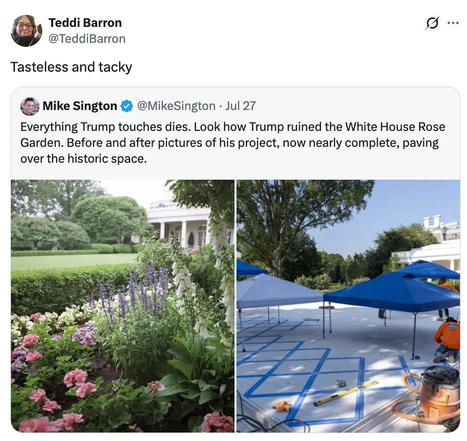 Tweet criticizing changes to White House Rose Garden, showing images before and after renovation with a critical comment on Trump's impact
