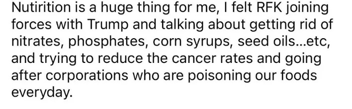 Summary of text: Someone expresses support for RFK and Trump’s efforts to reduce harmful substances in food, aiming to lower cancer rates and challenge corporations