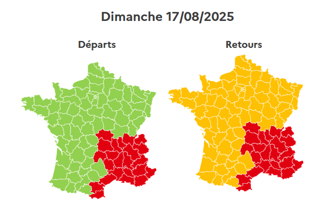 Dimanche 17 août, dans le sens des départs, la journée est classée en vert au niveau national, mais toujours en rouge en Auvergne-Rhône-Alpes et sur la façade méditerannéenne.