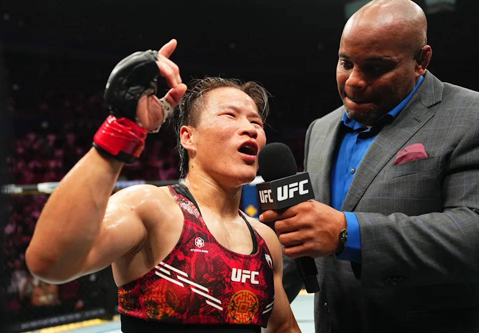 SYDNEY, AUSTRALIA - FEBRUARY 09: Zhang Weili of China reacts after a victory against Tatiana Suarez in the UFC strawweight championship fight during the UFC 312 event at Qudos Bank Arena on February 09, 2025 in Sydney, Australia. (Photo by Jeff Bottari/Zuffa LLC)